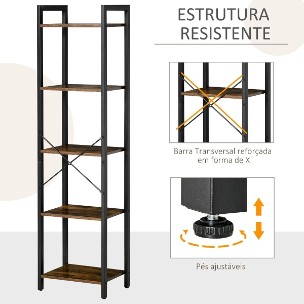 HOMCOM Estante de Estilo Industrial de 5 Níveis Estante para Livros de Armazenamento com Estrutura de Aço para Sala de Estar Escritório Cozinha Dormitório 40x30x154cm Marrom Rústico - Image 5