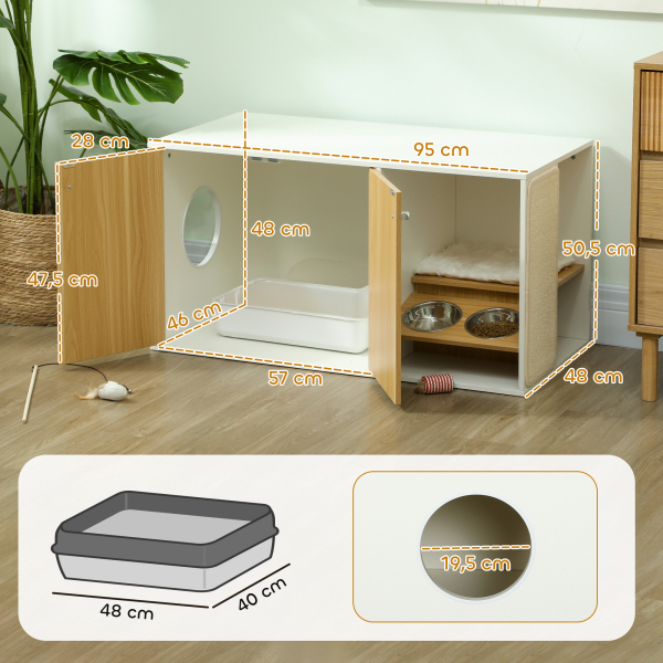 PawHut Móvel Caixa de Areia para Gatos 3 em 1 Mesa Auxiliar Caixa de Areia para Gatos com Tapete para Arranhar 95x48x50,5 cm Branco e Carvalho - Image 3