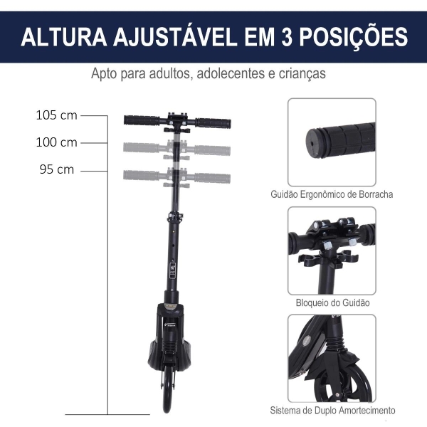 HOMCOM Trotinete Dobrável para Adultos e Crianças acima de 14 anos Guidão com Altura Ajustável Freio Rodas Grandes Carga 100kg 93,5x38x95-105cm Preto - Image 4