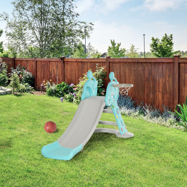 HOMCOM Escorrega Infantil Dobrável com Cesta de Basquetebol para Crianças acima de 18 meses Modelo Girafa para Interiores e Exteriores 140x87x75cm Azul e Cinza - Image 2