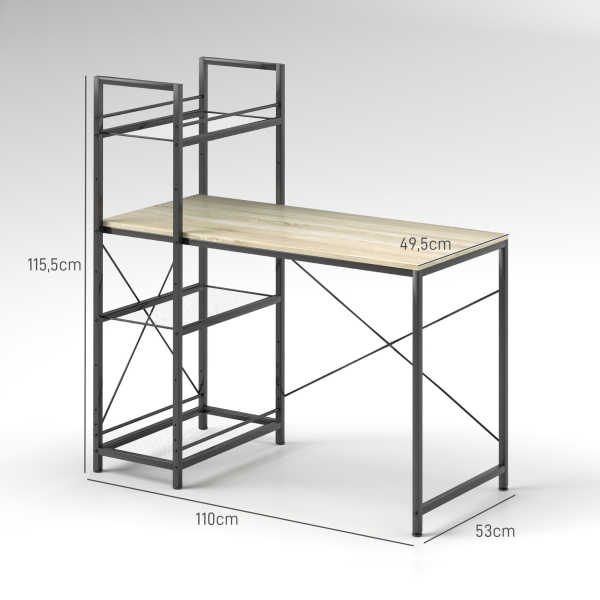 HOMCOM Secretária com Prateleira Reversível Estilo Industrial com Estrutura em Aço para Escritório 110x53x115,5 cm Carvalho e Preto - Image 3