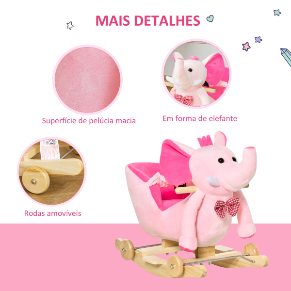 HOMCOM Cavalo Baloiço com Rodas e Forma de Elefante com Músicas Infantis e Cinto de Segurança 60x35x45 cm Rosa - Image 5