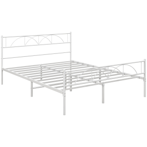 HOMCOM Cama de Casal 135x190 cm Com Cabeceira de Ripas de Aço e Espaço de Arrumação Debaixo da Cama Carga 330 kg Branca
