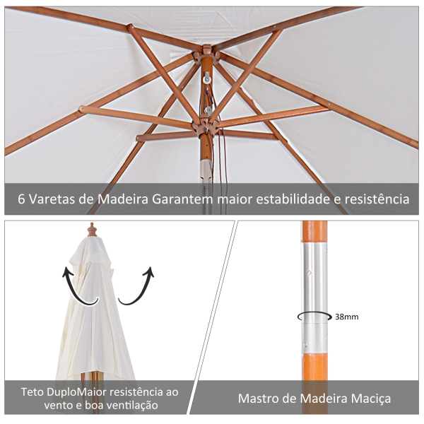 Outsunny Chapéu de Sol de Jardim 200x150x230cm Chapéu de Sol Retangular Inclinável com Polia Duplo Teto e Mastro Desmontável de Madeira para Terraço Pátio Creme - Image 5