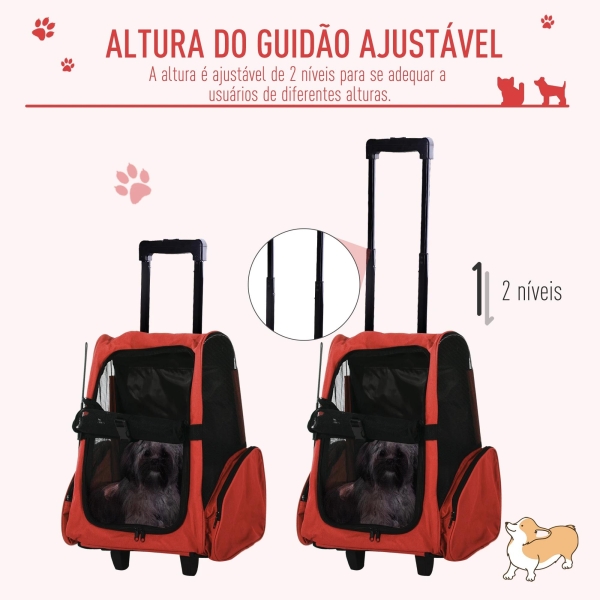 PawHut Transportadora 2 em 1 para Animais de Estimação Mochila ou Carrinho de Viagem para Cães e Gatos com 2 Rodas Alça Retrátil de Alumínio e Bolso de Armazenamento 42x25x55cm Vermelho - Image 5