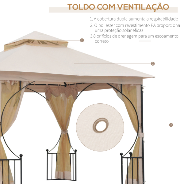 Outsunny Pérgola de jardim 295x295x275cm com 4 cortinas laterais com zíper e telhado duplo com 8 furos de drenagem bege - Image 4
