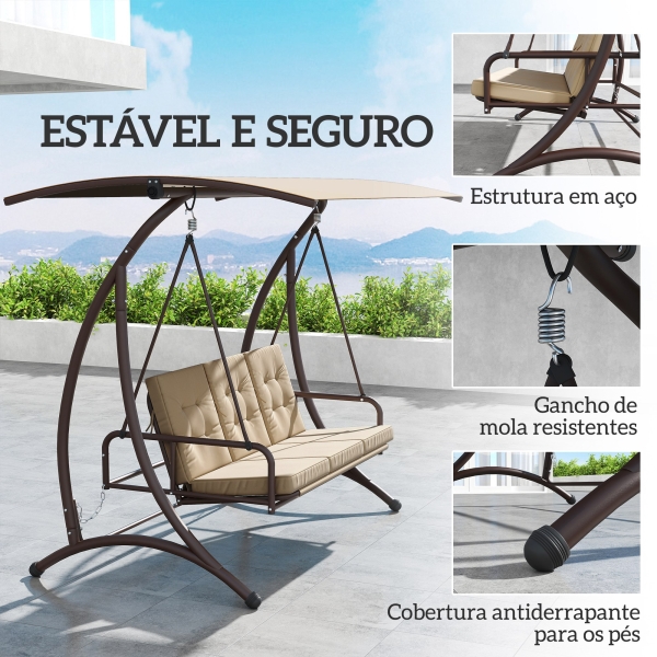 Outsunny Baloiço de Jardim Exterior de 3 Lugares Convertível em Cama com Toldo Ajustável Proteção UPF30+ 200x120x175 cm Caqui - Image 7