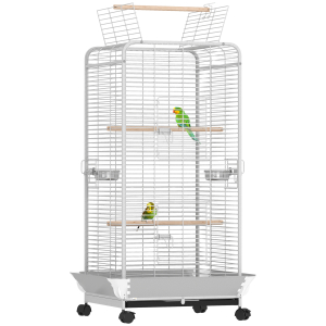 PawHut Gaiola para Pássaros Gaiola para Papagaios com Rodas Poleiros Comedouro e Bandeja Amovível 79x73x146 cm Cinza Claro