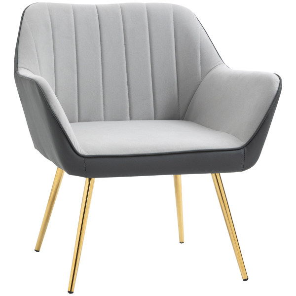 HOMCOM Poltrona de Sala de Estar Estofada em Couro Sintético e Veludo com Apoios para os Braços Pés Dourados 64x62x72,5 cm Cinza