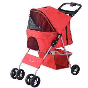PawHut Carrinho para Animais de Estimação Dobrável para Cães com Capô Ajustável Cesta de Armazenamento e Rodas com Freio Tecido Oxford Estrutura de Aço 74x46x94cm Vermelho