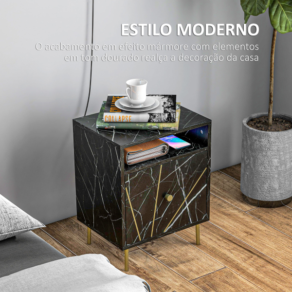 HOMCOM Mesinha de Cabeceira com Efeito Mármore Compartimento Aberto e Gaveta Mesa de Cabeceira para Quarto 39x30x50 cm Preto - Image 4