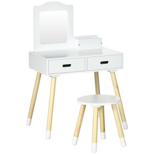 ZONEKIZ Toucador Infantil de Madeira com Banco Espelho e 2 Gavetas Brinquedo Educativo para Crianças de 3-6 Anos 60x40x95cm Branco