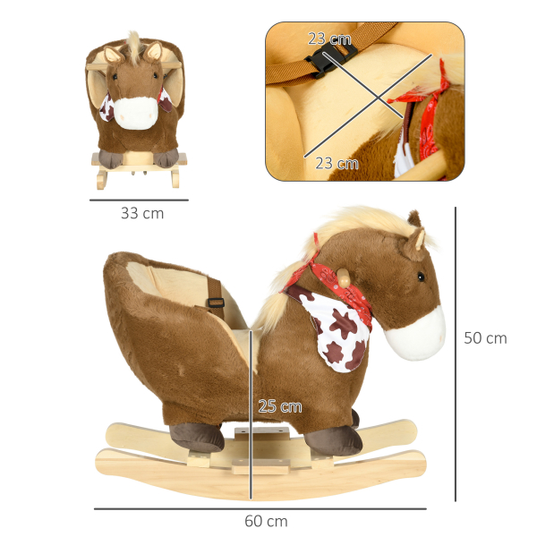 HOMCOM Cavalo Baloiço para Bebés com Sons Cinto de Segurança 60x33x50 cm Marrom - Image 3