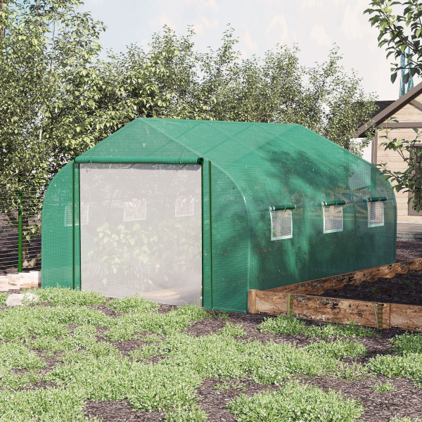 Outsunny Estufa de Túnel 3,5x3x2m Estufa de Jardim com Porta e 6 Janelas Enroláveis de Polietileno Metal Galvanizado para Cultivos de Plantas Flores Verde - Image 2