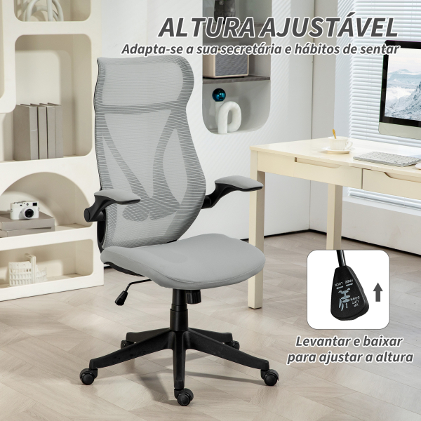 HOMCOM Cadeira de Escritório Giratória com Altura Ajustável Apoio para os Braços Dobráveis e Função Basculante 66x66x113-121 cm Cinza - Image 6