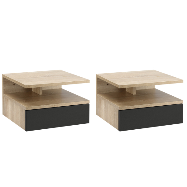 HOMCOM Conjunto de 2 Mesas de Cabeceira Flutuante com 1 Gaveta e Prateleira Aberta com Desenho Moderno Montado na Parede 35x32x22,5cm Carvalho Preto