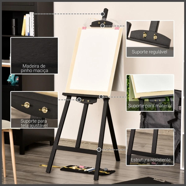 HOMCOM Cavalete para Pintura de Madeira Inclinável 90° com Suporte Tripé e Pincel 51,5x71,5x134,5cm Preto - Image 5