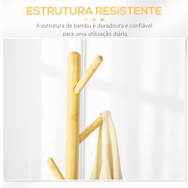 HOMCOM Cabide de Pé de Bambu Moderno com 8 Ganchos para Roupas Bolsas  Ø37,8x175,6 cm Madeira e Cinza - Image 6