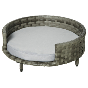 PawHut Sofá Cama para Cães e Gatos de Vime PE Cama Elevada Redonda para Animais de Estimação com Almofada Suave Lavável para Interior e Exterior 60x60x20cm Cinza