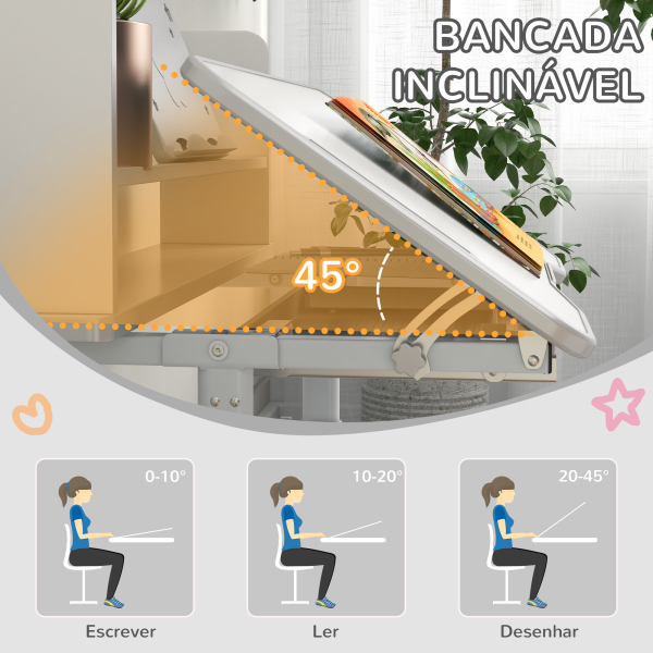 ZONEKIZ Conjunto de Secretária e Cadeira para Crianças com Altura Ajustável e Ângulo da Mesa Ajustável 80x54,5x82-104 cm Cinza e Branco - Image 7