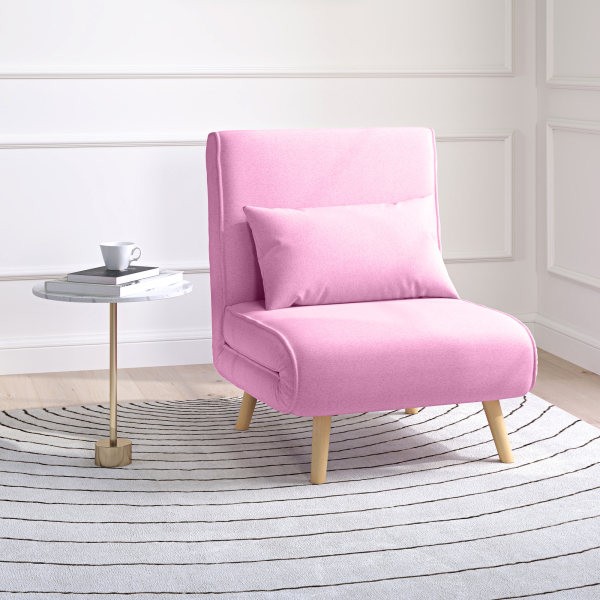 HOMCOM Sofá Cama Individual  Estofado em Linho com Encosto Ajustável em 5 Posições e Almofada Sofá Cama Pequeno 72x75x85 cm Rosa - Image 2