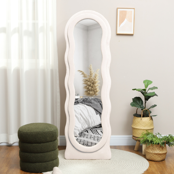 HOMCOM Espelho de Pé 50x160 cm Espelho de Corpo Inteiro ou de Parede com Desenho Assimétrico e Estrutura de Veludo Creme - Image 7