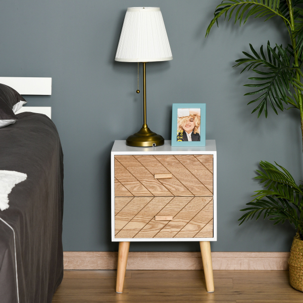 HOMCOM Mesa de Cabeceira com 2 Gavetas Espaço de Armazenamento para Dormitório 40x30x55,5 cm Branco e Madeira - Image 2