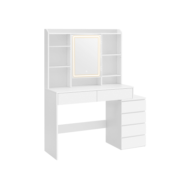 Penteadeira com iluminação LED VASAGLE com brilho ajustável, penteadeira com espelho, mesa de cosméticos com gavetas, compartimentos abertos, prateleiras ajustáveis, moderna, branca, RDT624W01