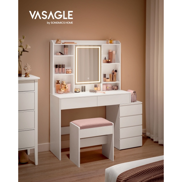 Penteadeira com iluminação LED VASAGLE com brilho ajustável, penteadeira com espelho, mesa de cosméticos com gavetas, compartimentos abertos, prateleiras ajustáveis, moderna, branca, RDT624W01 - Image 3