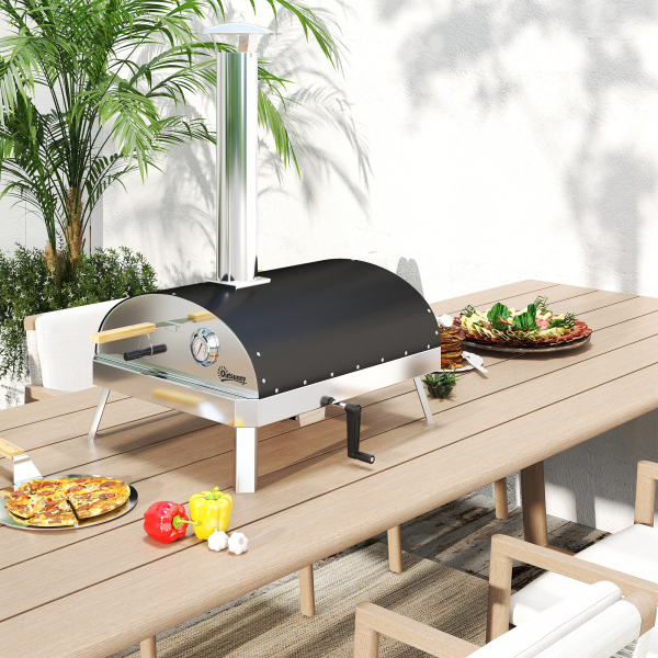Outsunny Mini Forno de Pizza Exterior Portátil Forno a Lenha com Pedra Refratária Ø33 cm Termómetro e Bandeja Giratória 84x47x82 cm Prata - Image 2
