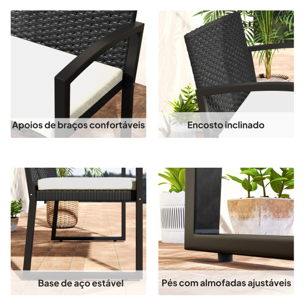 Outsunny Banco de Jardim em Vime Sintético de 2 Lugares Banco de Exterior com Almofada 103x58x78 cm Preto e Bege - Image 7