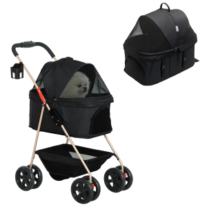PawHut Carrinho para Cães Dobrável 3 em 1 Carrinho para Cães Miniatura com Cesta de Armazenamento Janela de Malha 76x50x102 cm Preto
