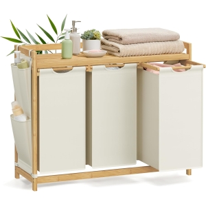 SONGMICS Cesto de roupa suja com 3 compartimentos, cesto de roupa suja, suporta até 150 L, separador de roupa suja, com prateleira, saco de roupa suja, bolsos laterais, 3 x 50 L, 94 x 33 x 78 cm, creme branco RLH115W01