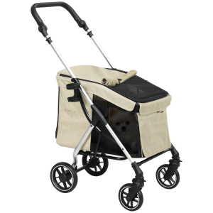 PawHut Carrinho para Cães Dobrável com Correia de Segurança Almofada Lavável e Janelas 80x48,5x106 cm Cáqui