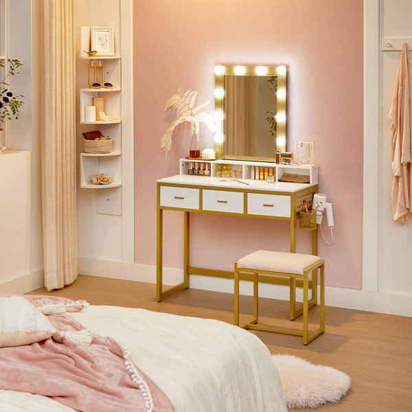 Penteadeira VASAGLE com banqueta, penteadeira com 10 lâmpadas LED, espelho, brilho ajustável, moderno, quarto, closet, branco, dourado RVT014A10 - Image 2