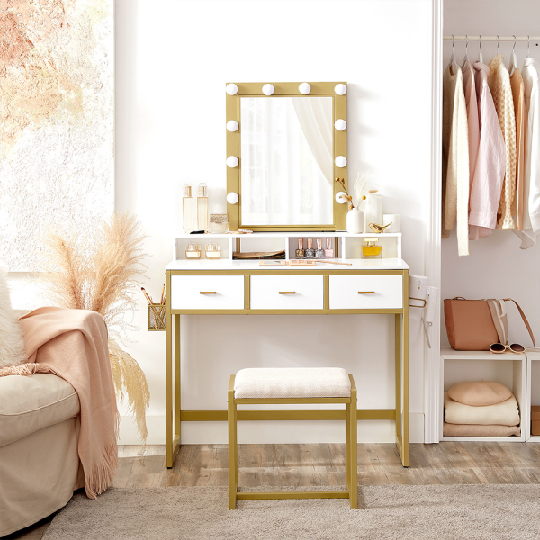 Penteadeira VASAGLE com banqueta, penteadeira com 10 lâmpadas LED, espelho, brilho ajustável, moderno, quarto, closet, branco, dourado RVT014A10 - Image 3