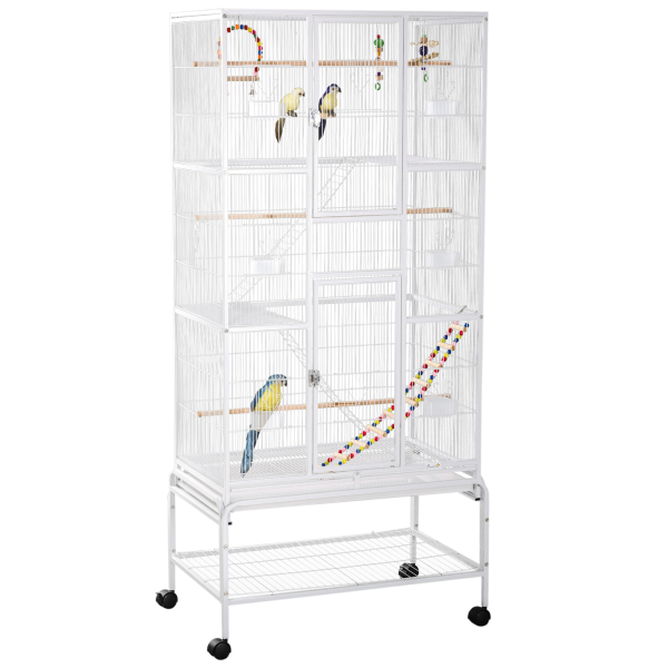 PawHut Gaiola para Pássaros com Rodas de 3 Níveis com 3 Poleiros Comedouros Brinquedos Rampas e Prateleira 83x53x180 cm Branco