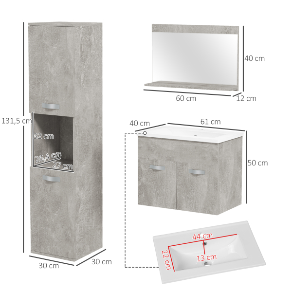 kleankin Conjunto de Móveis Casa de Banho 3 Peças com Espelho Móvel com Lavatório Cerâmico e Coluna de Casa de Banho Cinza - Image 3