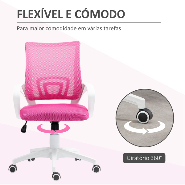 HOMCOM Cadeira de Escritório de Malha Giratória com Altura Ajustável Função Basculante e Apoio para os Braços 57x55x89-109 cm Rosa - Image 4