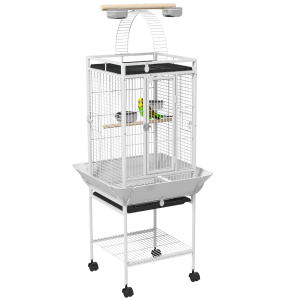 PawHut Gaiola para Pássaros com Suporte e Rodas 62,5x62,5x156 cm Ponte de Arco 2 Poleiros 4 Comedouros 2 Bandejas Removíveis