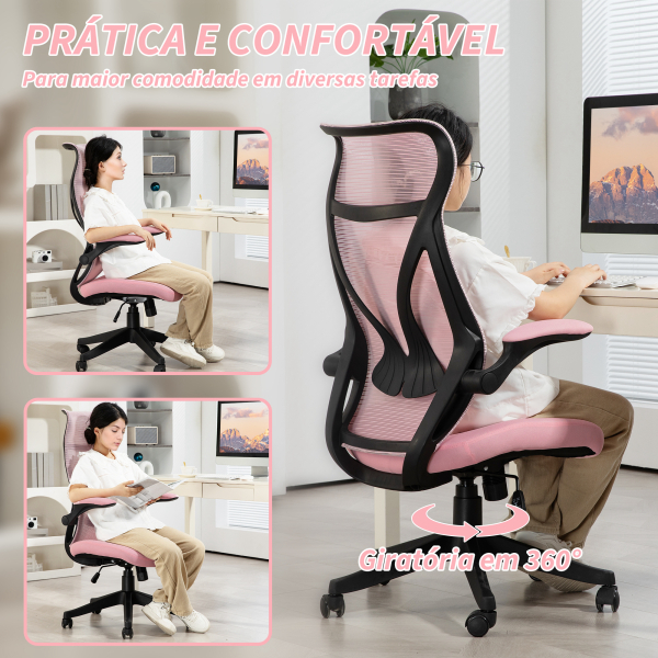 HOMCOM Cadeira de Escritório Giratória com Altura Ajustável Apoio para os Braços Dobráveis e Função Basculante 66x66x113-121 cm Rosa - Image 8