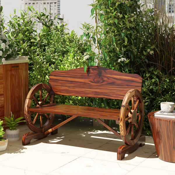 Outsunny Banco de Jardim de Madeira com Apoios de Braço em Forma de Roda Estilo Rústico 110x50x80 cm Nogueira - Image 6