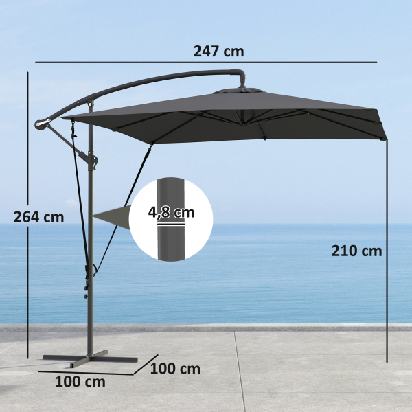Outsunny Chapéu de Sol Excêntrico 247x247 cm com Base Cruzada Capa Ajustável Manivela Capa Protectora e Corda de Vento Cinza Escuro - Image 3