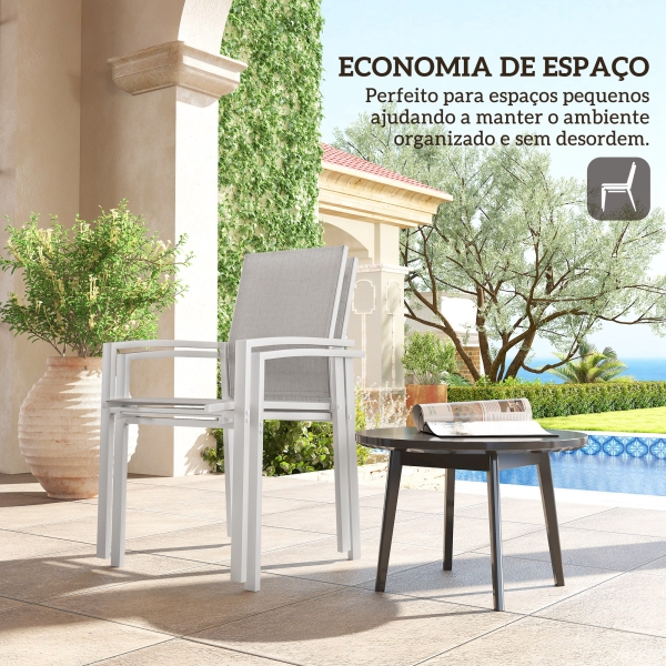 Outsunny Conjunto de 2 Cadeiras de Jardim Empilháveis com Tecido Transpirável e Estrutura em Aço 56x58x89 cm Branco e Cinzento - Image 7
