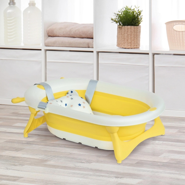 HOMCOM Banheira para Bebé Recém Nascido até 3 Anos Dobrável 30 Litros com Tampa Termossensível e Almofada Confortável Almofadas Antiderrapantes 81,5x50,5x23,5cm Amarelo e Branco - Image 2