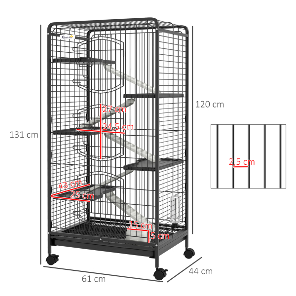 PawHut Gaiola para Pequenos Animais com 6 Níveis Gaiola para Roedores com Rodas Rampa e Bandeja Amovível  64x43,5x131 cm Preto - Image 3