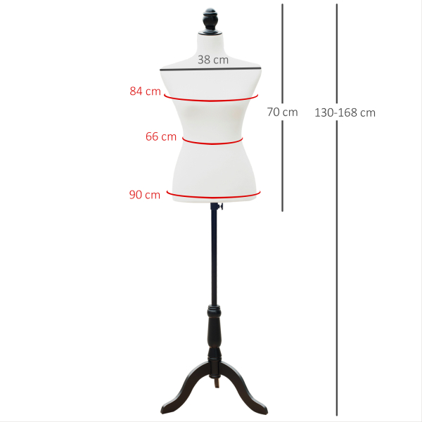 HOMCOM Manequim de Costura Feminino Manequim de Costura Ajustável a 130-168 cm com Tripé de Madeira Branco - Image 3