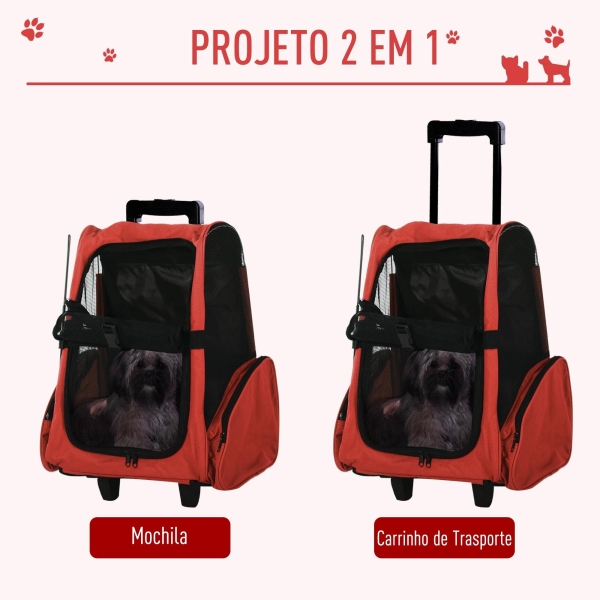 PawHut Transportadora 2 em 1 para Animais de Estimação Mochila ou Carrinho de Viagem para Cães e Gatos com 2 Rodas Alça Retrátil de Alumínio e Bolso de Armazenamento 42x25x55cm Vermelho - Image 4
