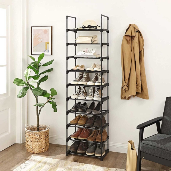 Sapateira SONGMICS, organizador de sapatos de metal com 10 níveis, design personalizável, estrutura de metal, prateleira que economiza espaço, para camarim, corredor, 30 x 45 x 174 cm, preto LSA25BK - Image 2