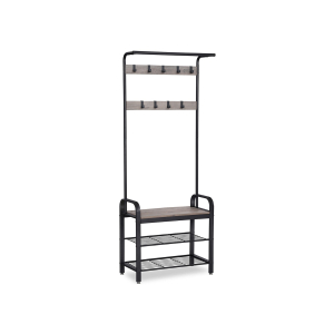 Cabideiro VASAGLE, cabideiro com banco para sapatos, design 4 em 1, com 9 ganchos removíveis, um varão para roupas, para corredor, entrada, 33,7 x 77 x 183 cm, industrial, cinza e preto HSR40MB